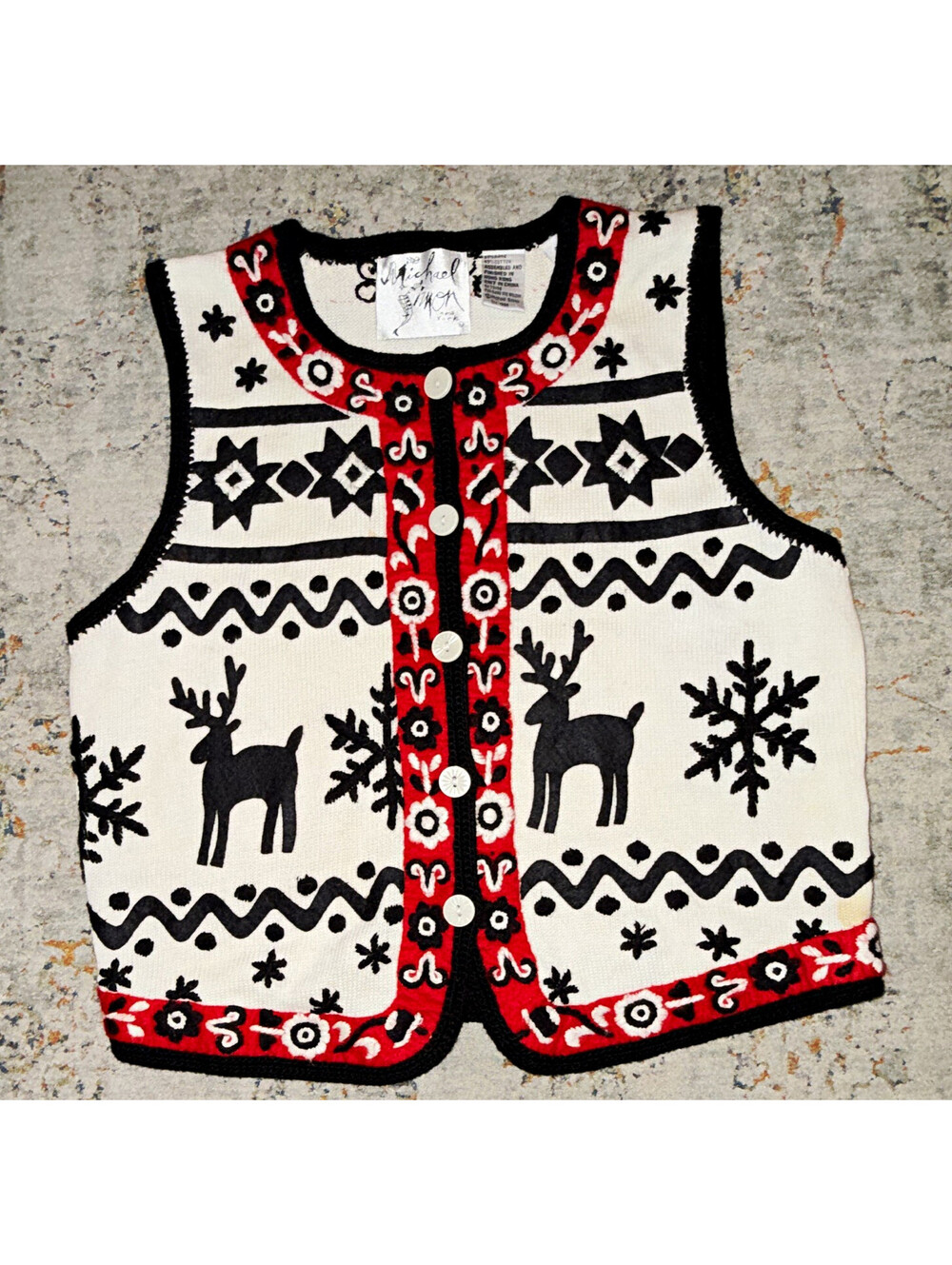 Michael Simon S White Black Red Fair Isle Reindeer Knit Sweater Vest Button A318